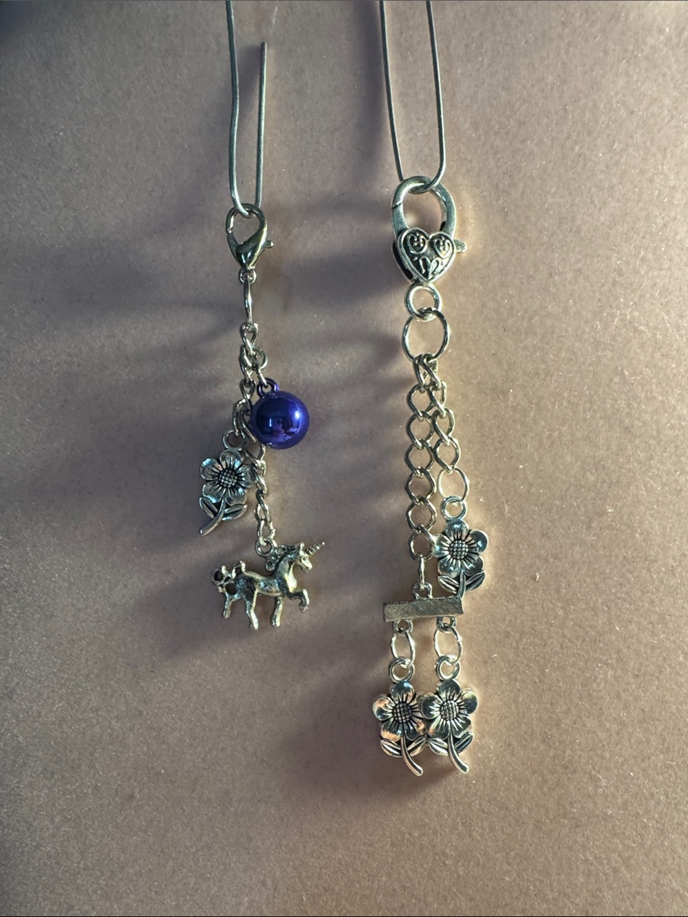 Silver Unicorn & Flower purse or key charms with Purple Bead